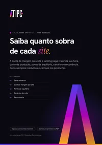 Capa da Calculadora de margem da ATIPC: título Saiba quanto sobra de cada site, sobre fundo escuro com o A em degradê roxo, magenta e laranja