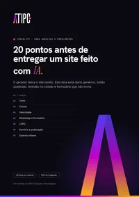 Capa do Checklist de site feito com IA da ATIPC: título 20 pontos antes de entregar um site feito com IA, sobre fundo escuro com o A em degradê roxo, magenta e laranja