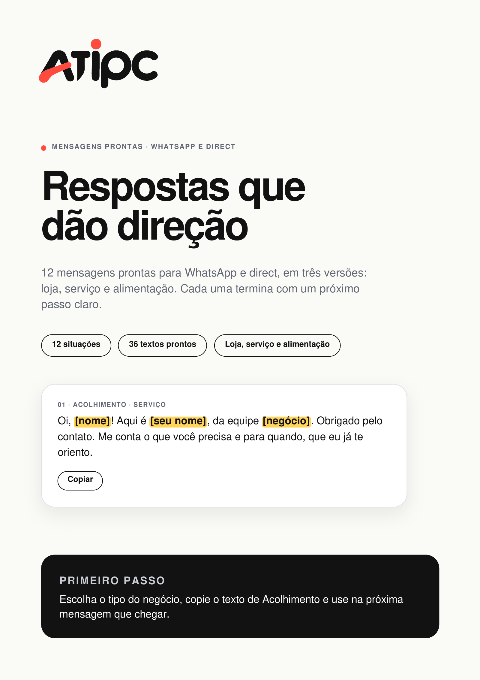Capa de Respostas que dão direção da ATIPC: título grande em preto sobre fundo claro, uma mensagem pronta com campos destacados em amarelo e o botão Copiar
